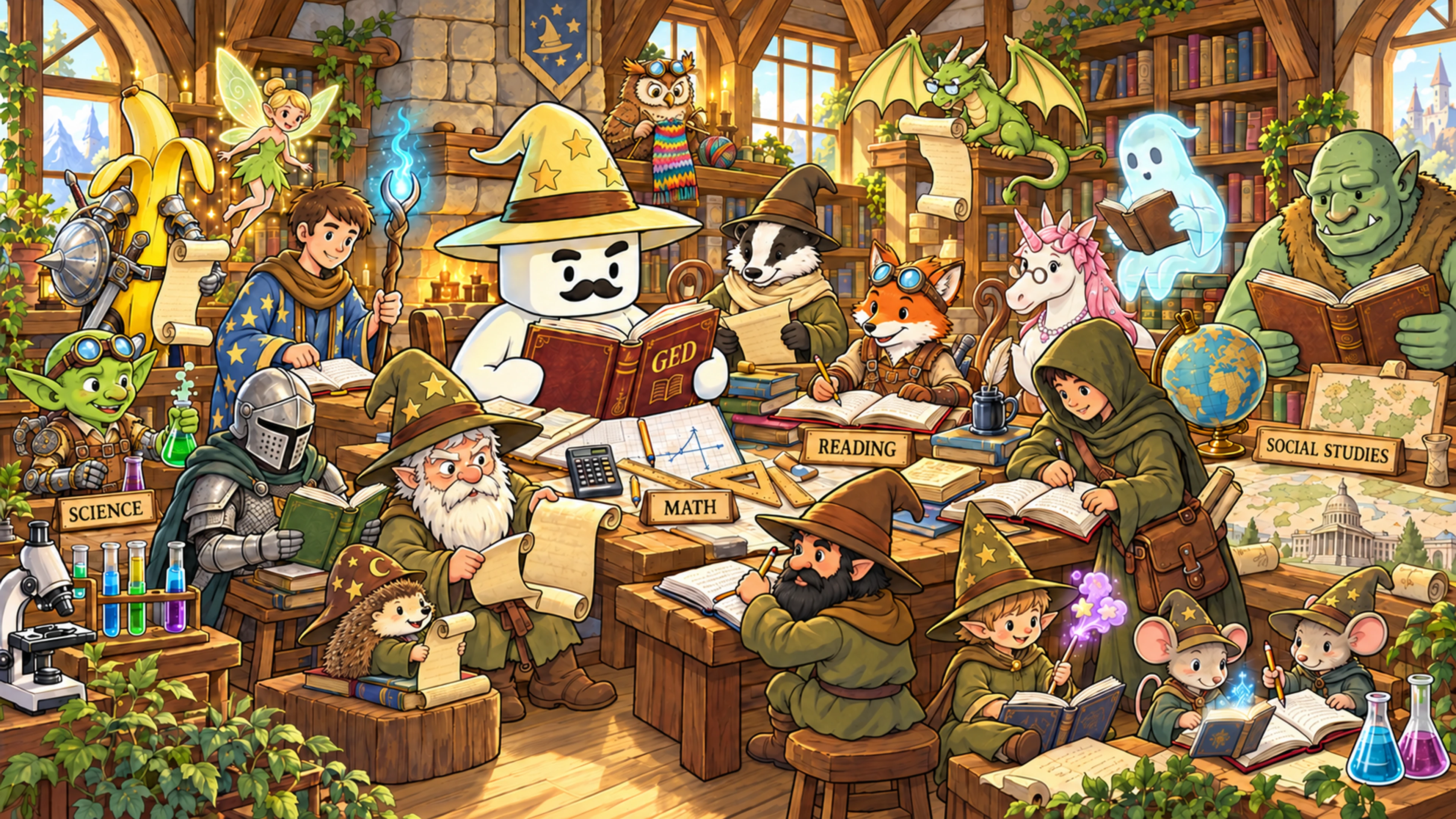Quizzer's fantasy characters studying GED math, science, reading, and social studies together